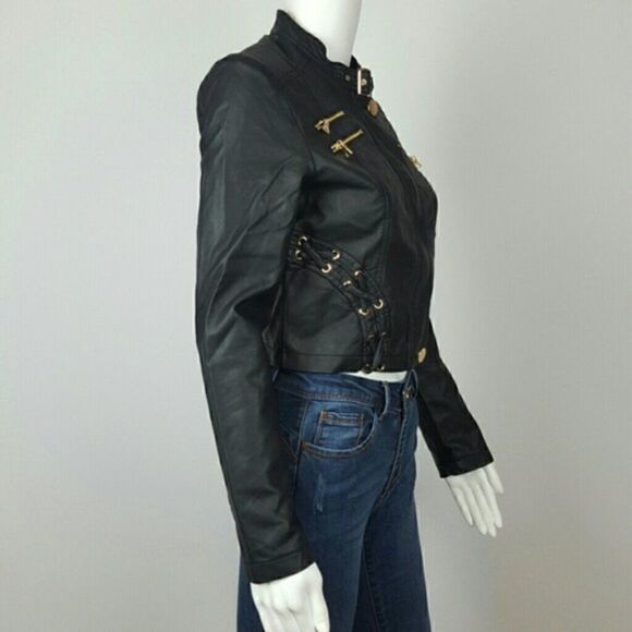 Women's Vegan Leather Motto Jacket Black‎ - Picture 5 of 6